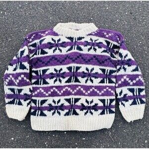 Vintage Nordic Fair Isle Wool Chunky Hand Knit Pullover Sweater Womens Large 80s